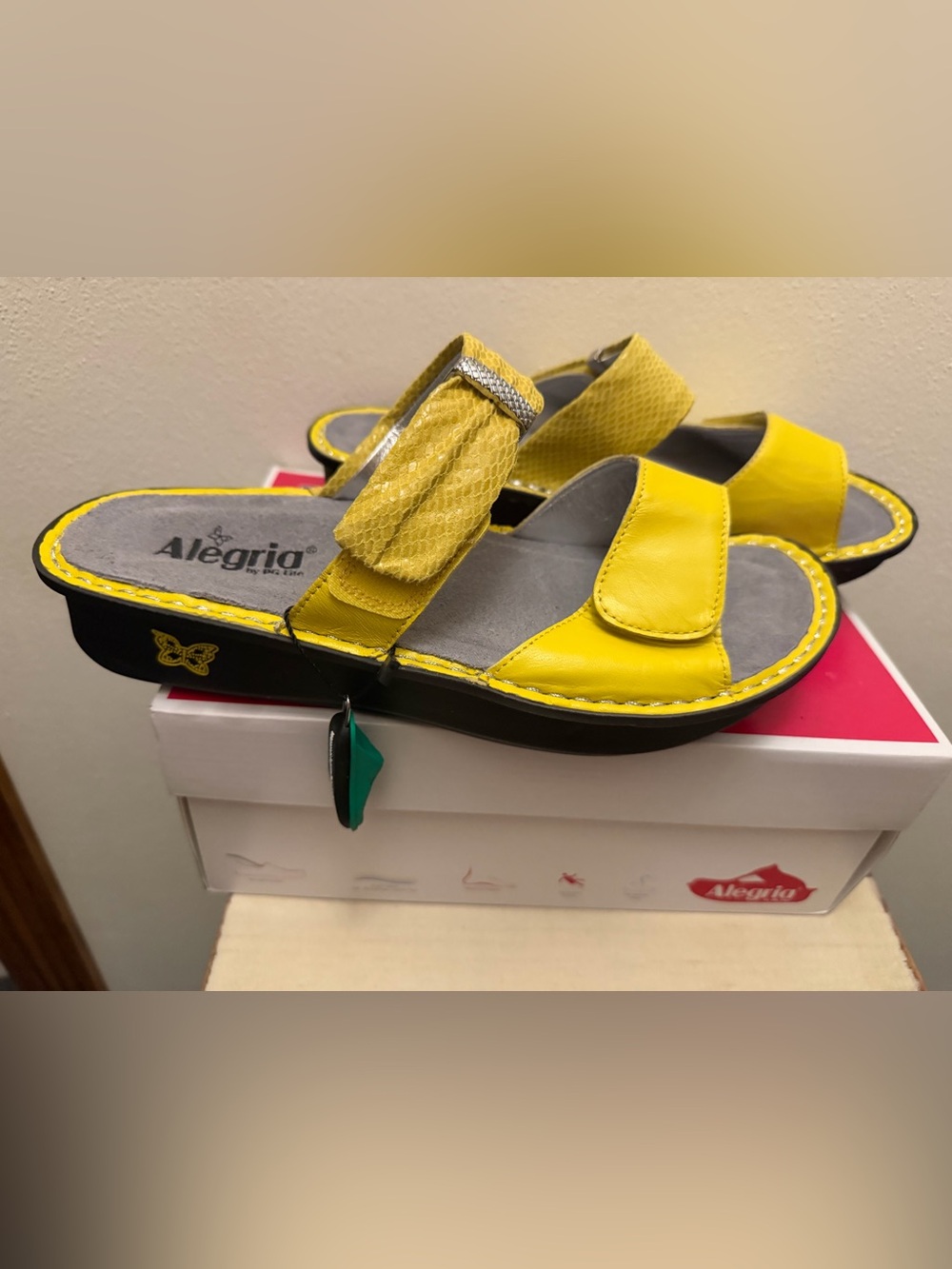 Alegria Yellow Leather Adjustable Slide Sandals